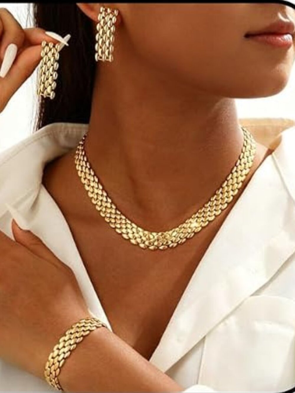 Chunky 14K Gold Plated Cuban Link Jewelry Set Necklace Earrings Bracelet